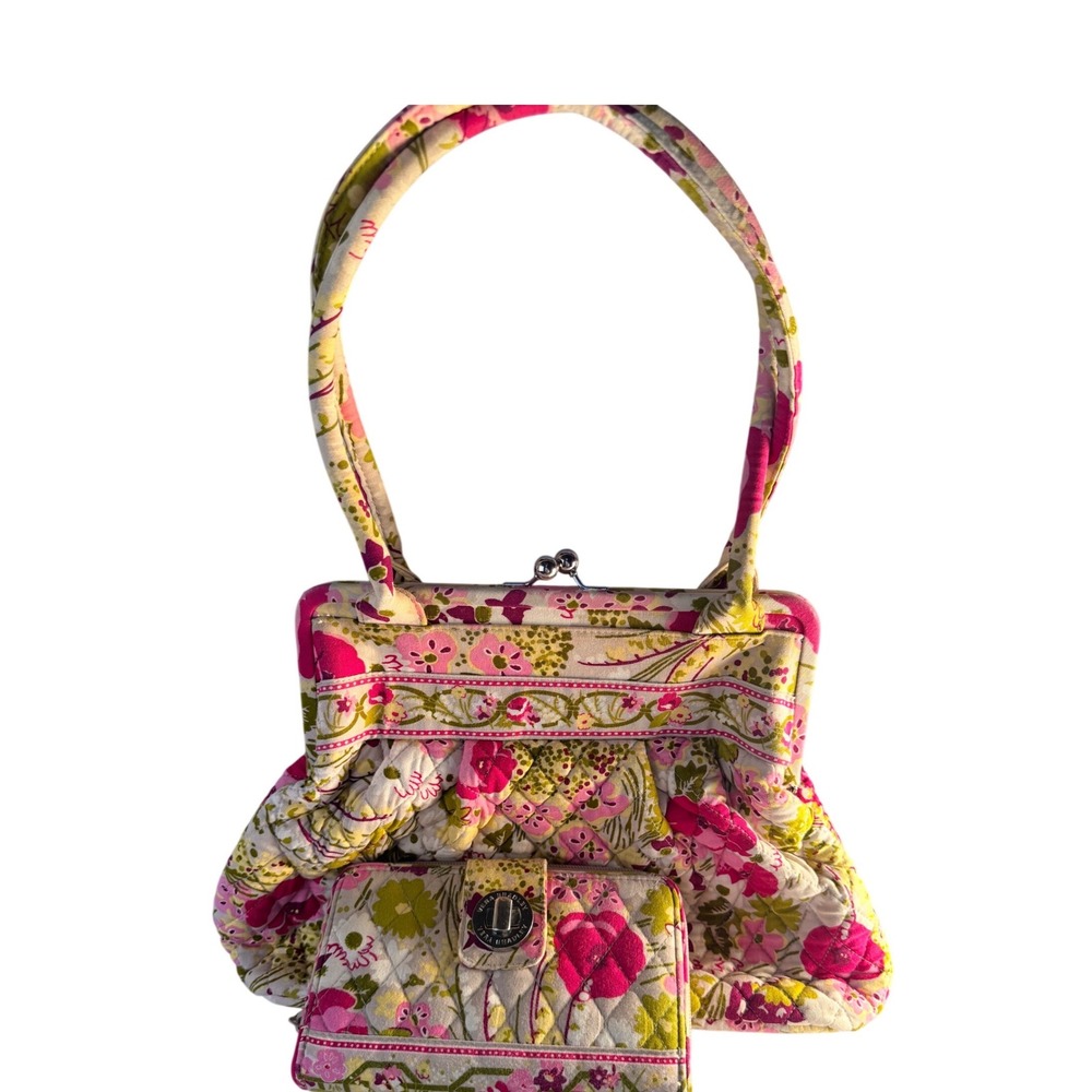 Vera Bradley Pink Green Floral Quilted Kisslock Frame Shoulder Bag & Wallet Set